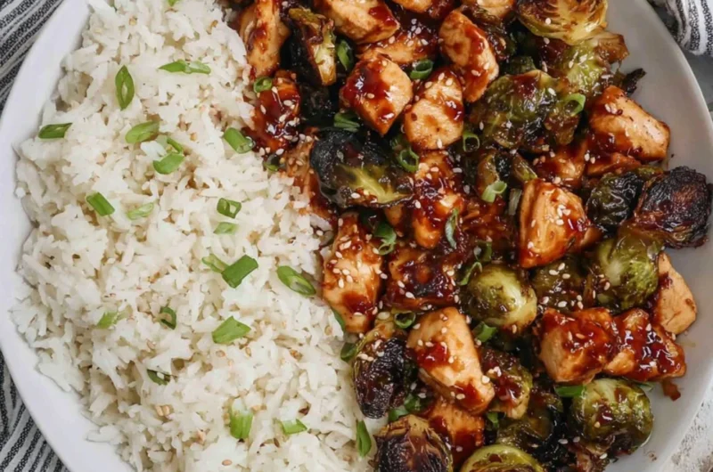 Plate of air fried chicken breast and Brussels sprouts, a healthy meal option.