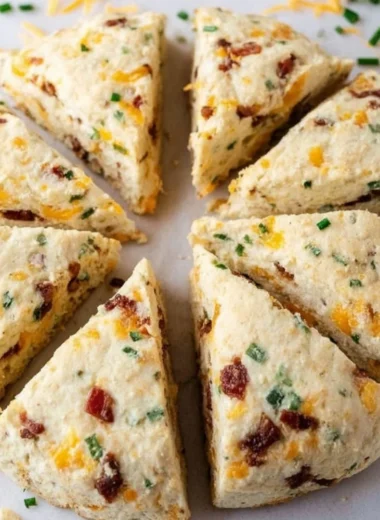 Fluffy Bacon Cheddar Chive Scones served on a plate, ideal for breakfast or brunch.