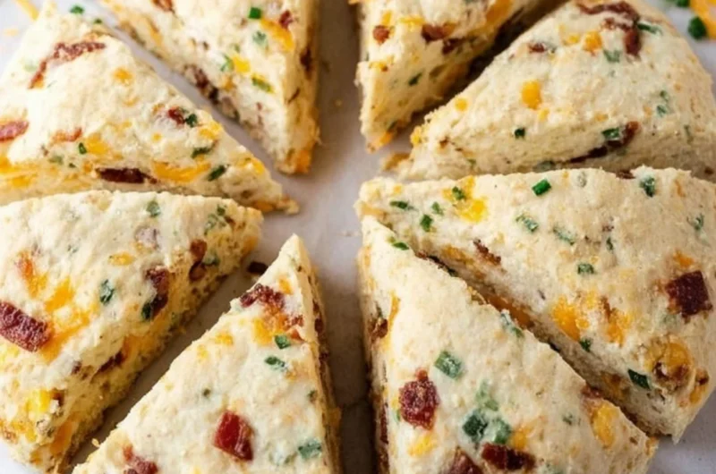 Fluffy Bacon Cheddar Chive Scones served on a plate, ideal for breakfast or brunch.