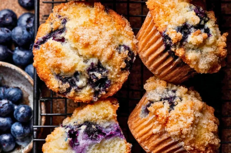 Bakery style blueberry muffins fresh out of the oven, golden brown and fluffy