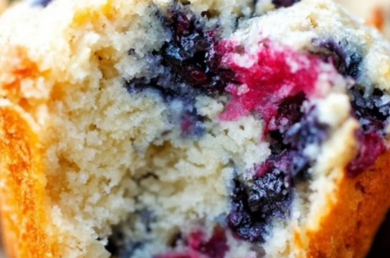 Freshly baked mixed berry muffins made with frozen berries