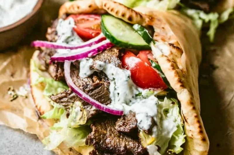 Delicious homemade Beef Gyros served with fresh toppings.