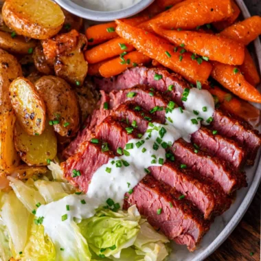 Delicious plate of corned beef and cabbage with carrots and potatoes
