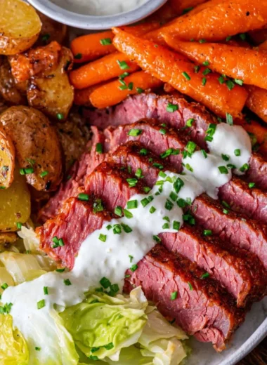 Delicious plate of corned beef and cabbage with carrots and potatoes
