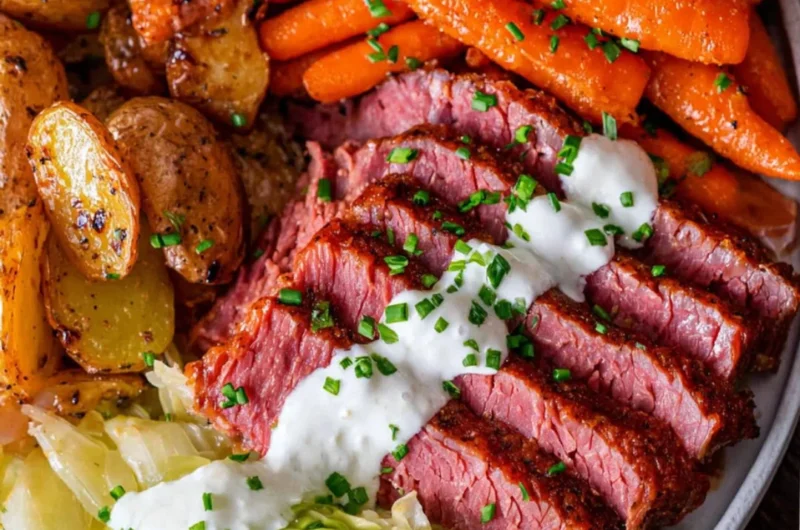 Delicious plate of corned beef and cabbage with carrots and potatoes