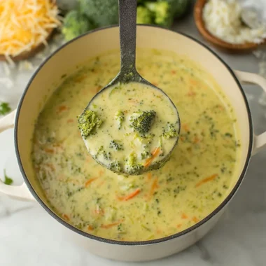 Warm bowl of creamy Broccoli Cheddar Soup topped with cheese and fresh broccoli.