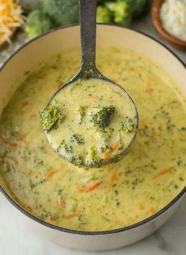 Warm bowl of creamy Broccoli Cheddar Soup topped with cheese and fresh broccoli.
