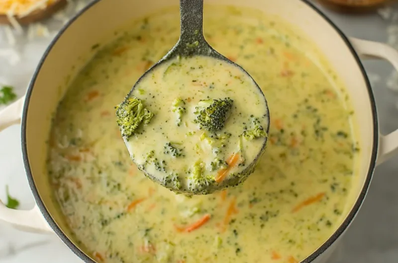 Warm bowl of creamy Broccoli Cheddar Soup topped with cheese and fresh broccoli.