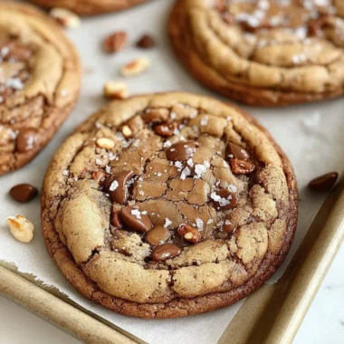 Freshly baked brown butter coffee toffee cookies on a cooling rack