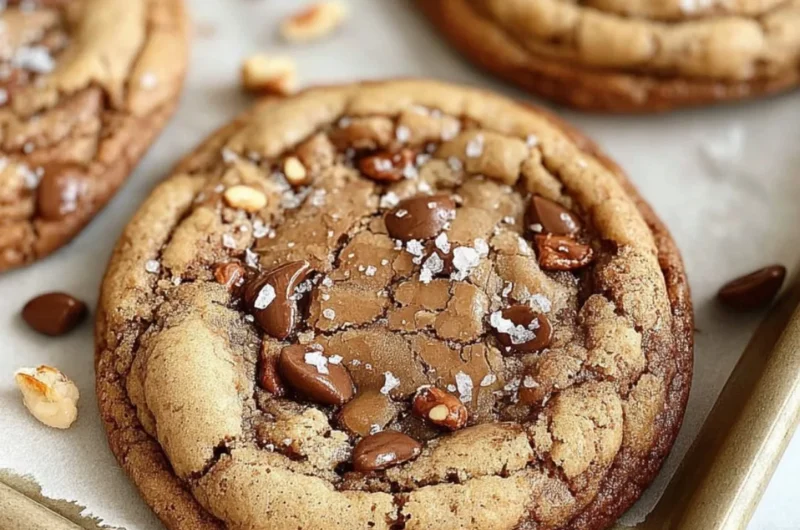 Freshly baked brown butter coffee toffee cookies on a cooling rack