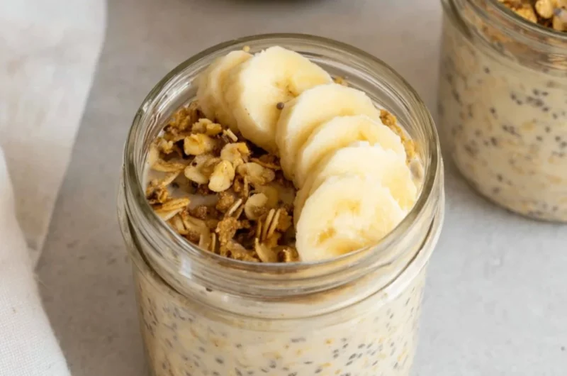 Bowl of brown sugar overnight oats topped with fresh fruit and nuts