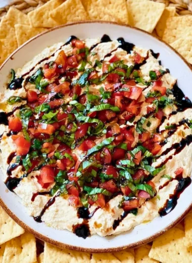 Delicious Bruschetta Dip served with toasted bread slices