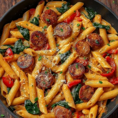 Delicious Cajun Sausage Pasta with creamy sauce and spicy sausage.