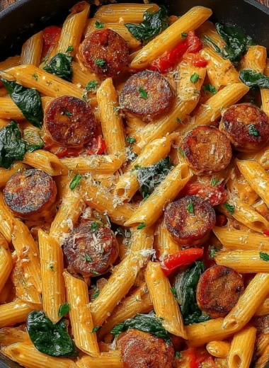 Delicious Cajun Sausage Pasta with creamy sauce and spicy sausage.