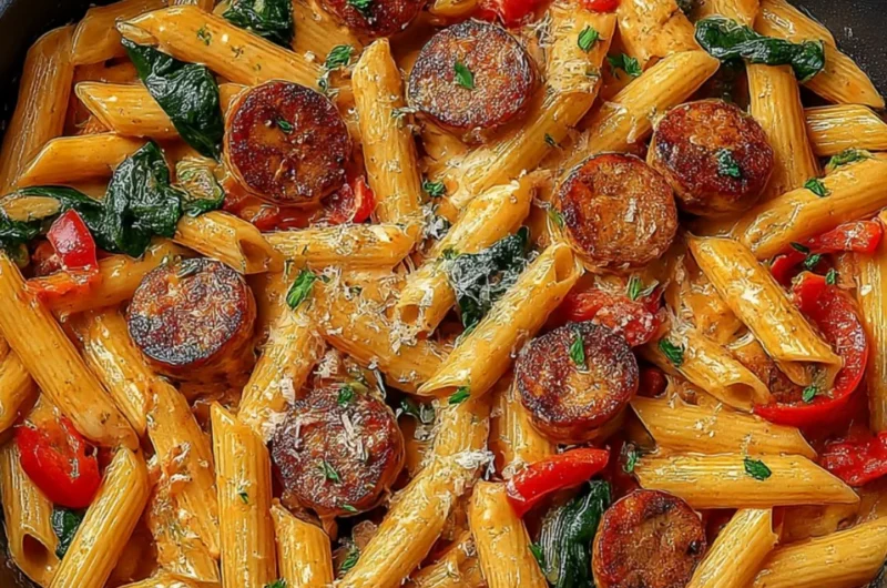 Delicious Cajun Sausage Pasta with creamy sauce and spicy sausage.