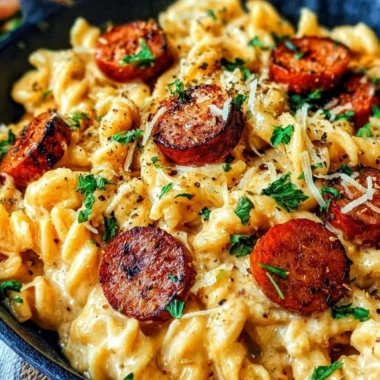 Cajun Smoked Sausage Alfredo pasta dish topped with herbs