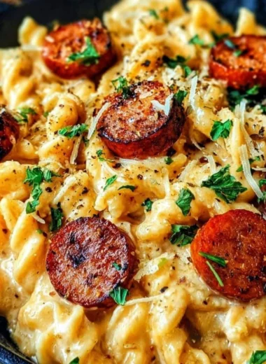 Cajun Smoked Sausage Alfredo pasta dish topped with herbs