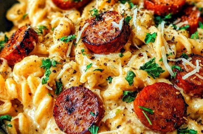 Cajun Smoked Sausage Alfredo pasta dish topped with herbs
