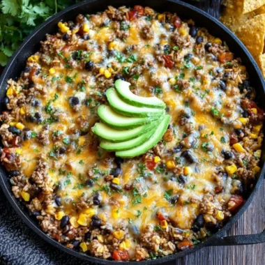 Delicious cheesy taco rice skillet served in a pan with colorful toppings
