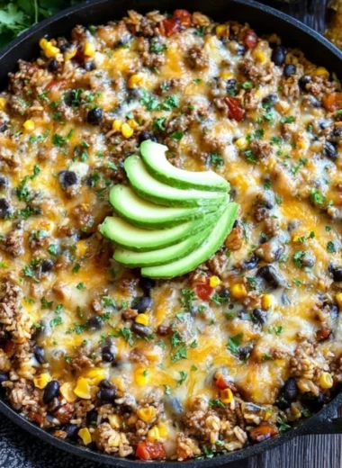 Delicious cheesy taco rice skillet served in a pan with colorful toppings