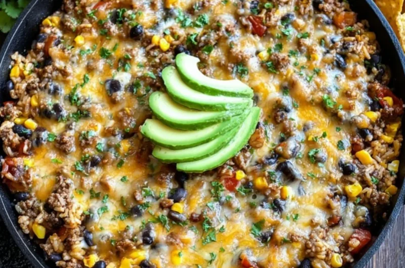 Delicious cheesy taco rice skillet served in a pan with colorful toppings