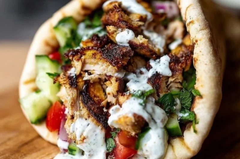 Delicious Chicken Shawarma served with creamy Garlic Sauce on a plate.