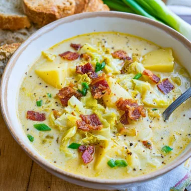 A warm bowl of Colcannon Soup with potatoes, cabbage, and crispy bacon.