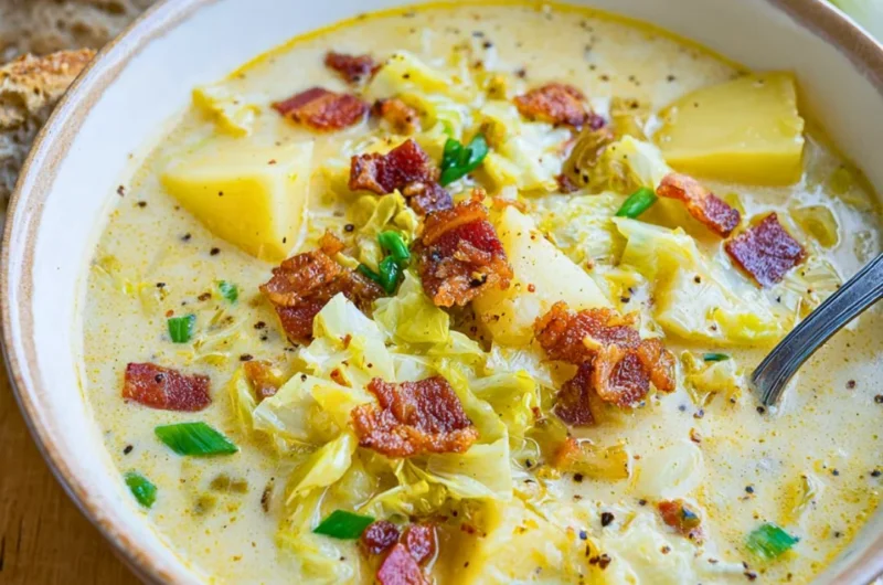 A warm bowl of Colcannon Soup with potatoes, cabbage, and crispy bacon.