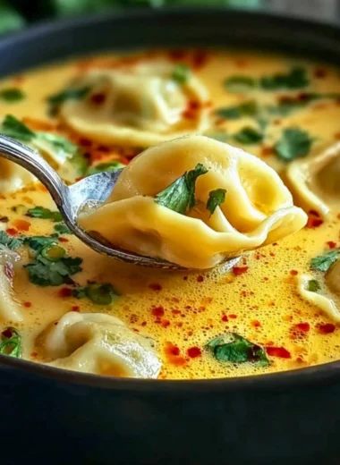 Bowl of comforting Thai Potsticker Soup with vegetables and dumplings