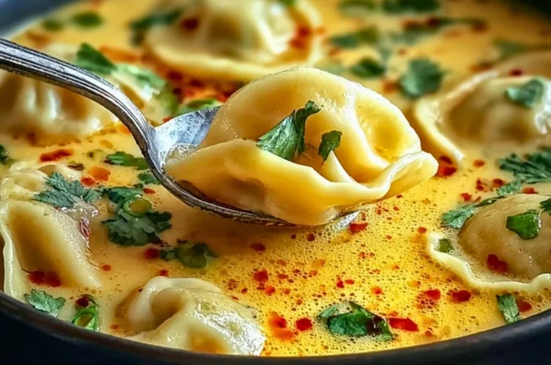 Bowl of comforting Thai Potsticker Soup with vegetables and dumplings