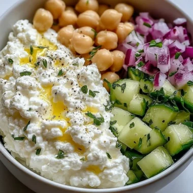 Cottage Cheese Chickpea Salad in a bowl garnished with fresh herbs and vegetables