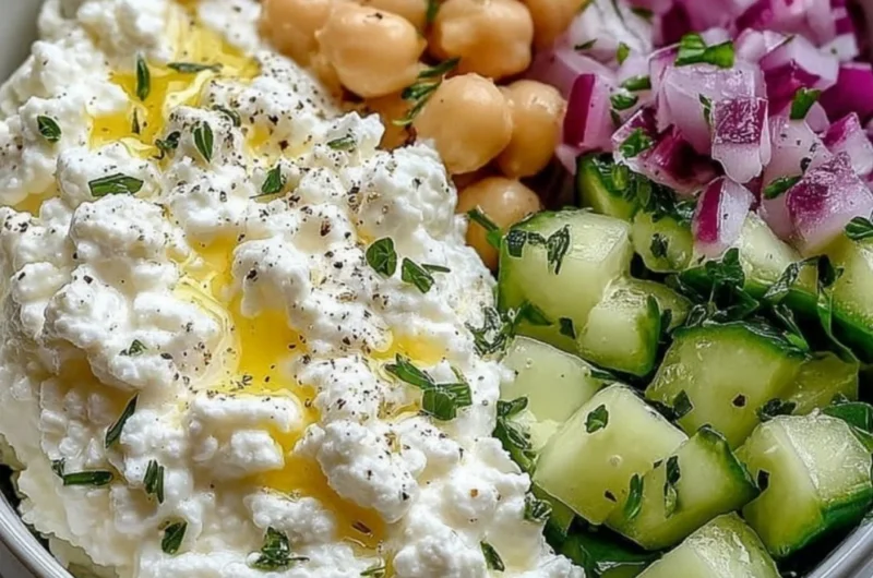 Cottage Cheese Chickpea Salad in a bowl garnished with fresh herbs and vegetables
