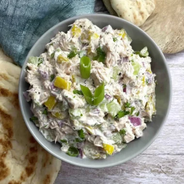 Cottage Cheese Chicken Salad with Banana Peppers in a bowl