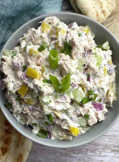 Cottage Cheese Chicken Salad with Banana Peppers in a bowl
