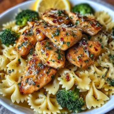 Cowboy Butter Lemon Bowtie Chicken with Broccoli on a plate