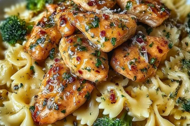 Cowboy Butter Lemon Bowtie Chicken with Broccoli on a plate