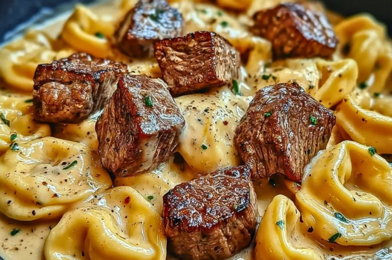 Creamy Cracked Garlic Steak Tortellini served with a rich sauce