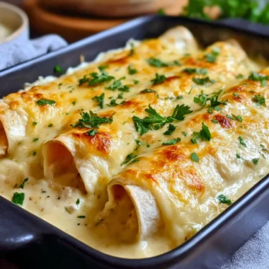 Creamy white chicken enchiladas topped with cilantro and cheese