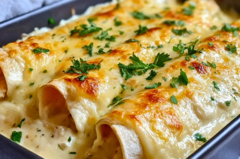 Creamy white chicken enchiladas topped with cilantro and cheese