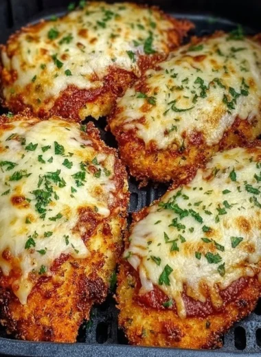Crispy Air Fryer Chicken Parmesan served with pasta and sauce