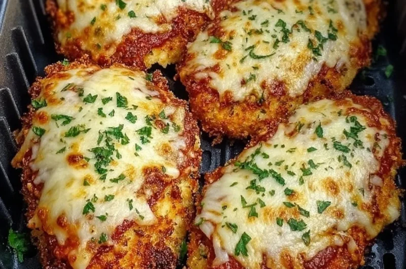Crispy Air Fryer Chicken Parmesan served with pasta and sauce