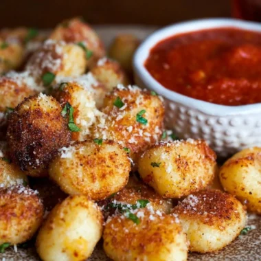 Crispy air fryer gnocchi served in a bowl with herbs and sauce