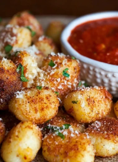 Crispy air fryer gnocchi served in a bowl with herbs and sauce