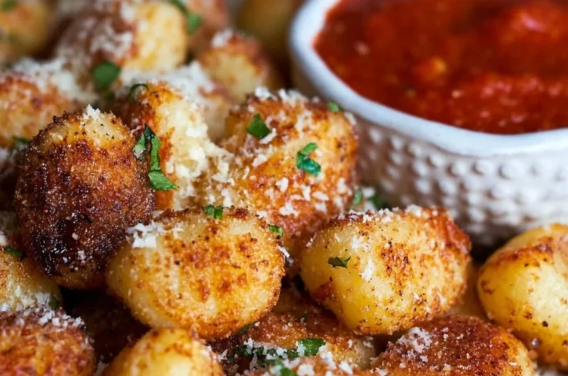 Crispy air fryer gnocchi served in a bowl with herbs and sauce