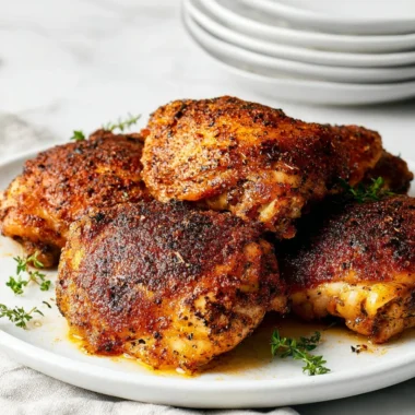 Plate of crispy baked chicken thighs garnished with herbs