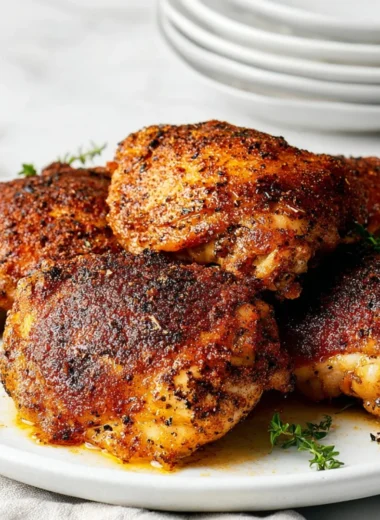 Plate of crispy baked chicken thighs garnished with herbs