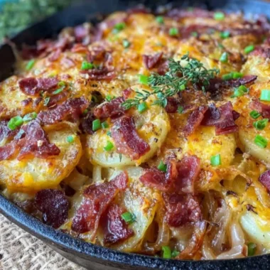 Crispy Irish bacon potato skillet sizzling in a pan
