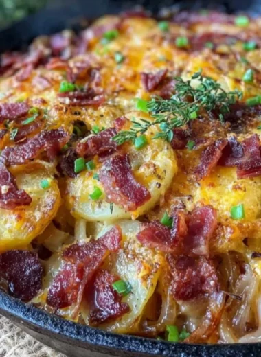 Crispy Irish bacon potato skillet sizzling in a pan