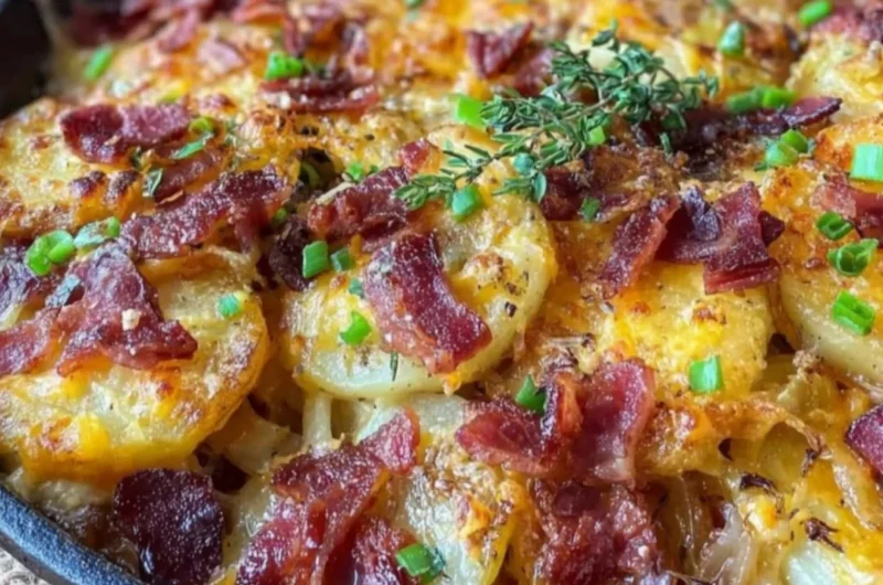 Crispy Irish bacon potato skillet sizzling in a pan