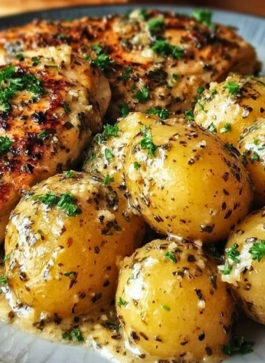 Delicious Crock Pot Parmesan Garlic Chicken served with creamy potatoes